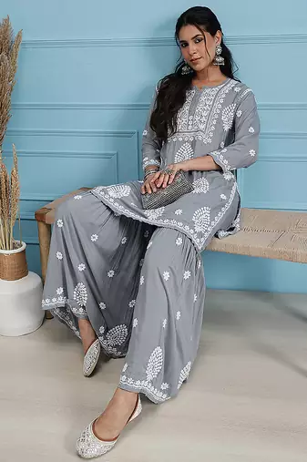 Hand embroidered grey modal lucknowi chikankari garara set