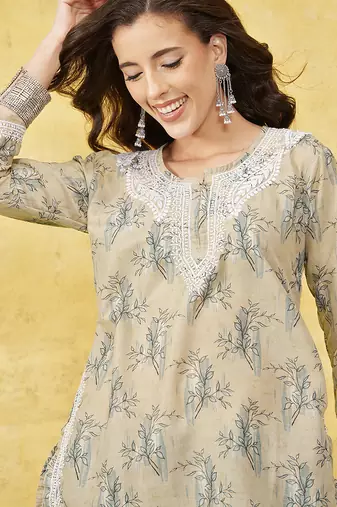 Hand embroidered fawn muslin lucknowi chikankari co-ord set