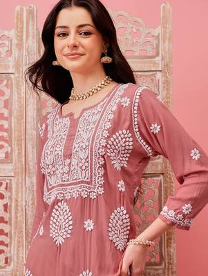 Hand embroidered dusty peach modal lucknowi chikankari garara set 6