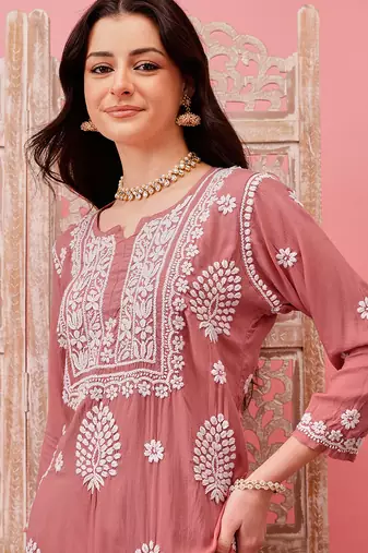 Hand embroidered dusty peach modal lucknowi chikankari garara set