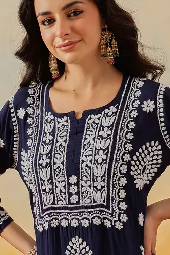 Hand embroidered navy blue modal lucknowi chikankari garara set