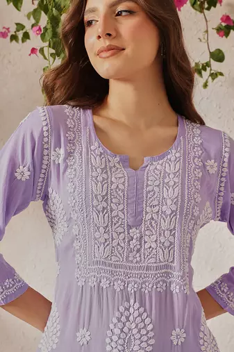 Hand embroidered lavender modal lucknowi chikankari garara set