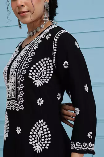 Hand embroidered black modal lucknowi chikankari garara set