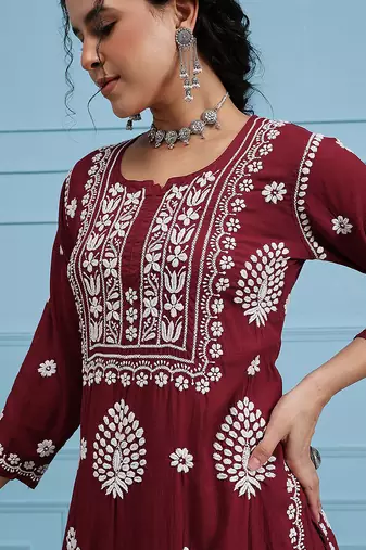 Hand embroidered maroon modal lucknowi chikankari garara set