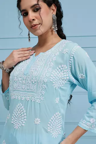 Hand embroidered sky blue modal lucknowi chikankari garara set