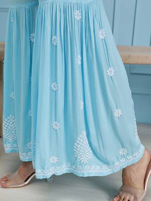 Hand embroidered sky blue modal lucknowi chikankari garara set 8
