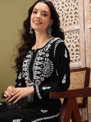 Hand embroidered black rayon lucknowi chikankari co-ord set 6