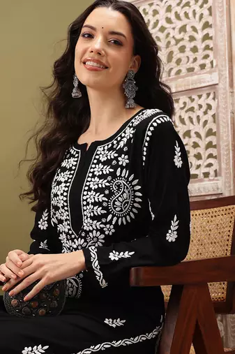 Hand embroidered black rayon lucknowi chikankari co-ord set