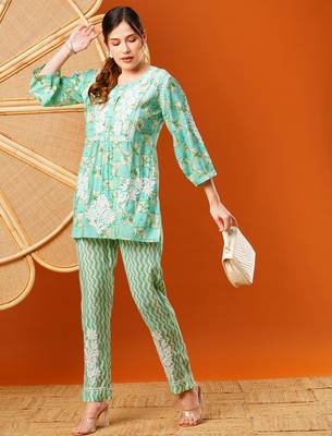 Hand embroidered sea green chanderi lucknowi chikankari co-ord set 6