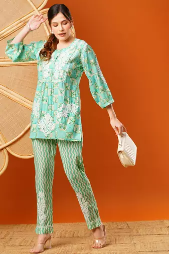 Hand embroidered sea green chanderi lucknowi chikankari co-ord set