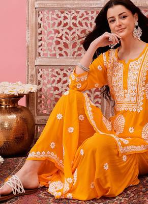 Hand embroidered yellow modal lucknowi chikankari garara set 6