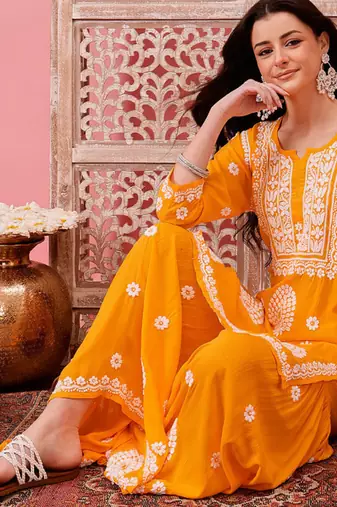 Hand embroidered yellow modal lucknowi chikankari garara set