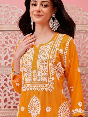 Hand embroidered yellow modal lucknowi chikankari garara set 7