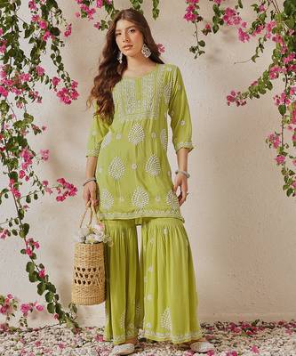 Hand embroidered liril green modal lucknowi chikankari garara set 1