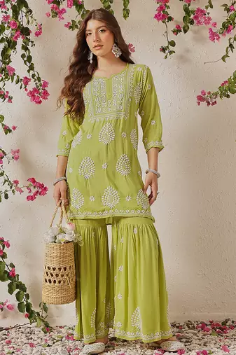 Hand embroidered liril green modal lucknowi chikankari garara set
