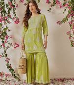 Hand embroidered liril green modal lucknowi chikankari garara set