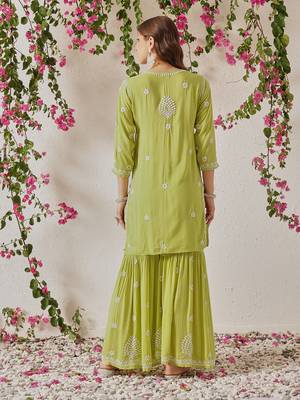 Hand embroidered liril green modal lucknowi chikankari garara set 2