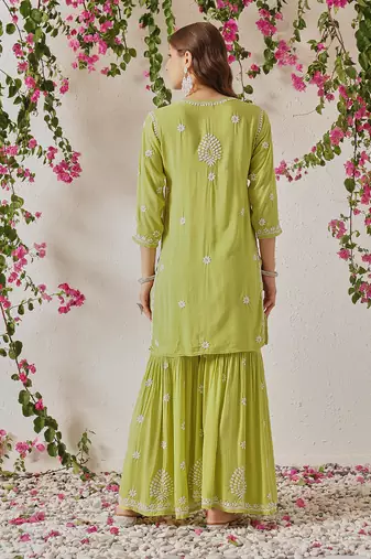 Hand embroidered liril green modal lucknowi chikankari garara set