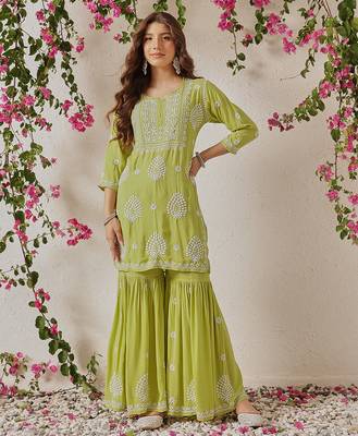 Hand embroidered liril green modal lucknowi chikankari garara set 3