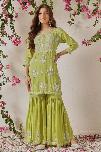 Hand embroidered liril green modal lucknowi chikankari garara set