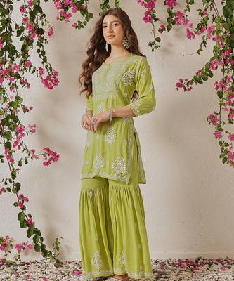 Hand embroidered liril green modal lucknowi chikankari garara set 4