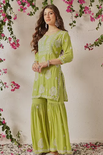 Hand embroidered liril green modal lucknowi chikankari garara set