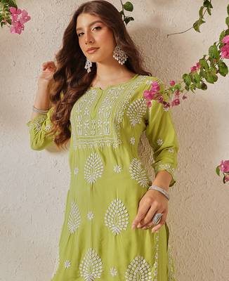 Hand embroidered liril green modal lucknowi chikankari garara set 5