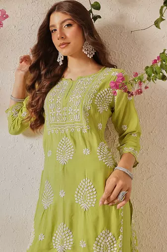 Hand embroidered liril green modal lucknowi chikankari garara set