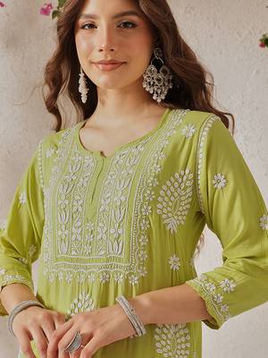 Hand embroidered liril green modal lucknowi chikankari garara set 6