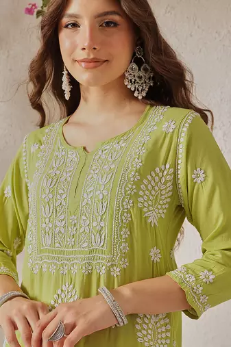 Hand embroidered liril green modal lucknowi chikankari garara set