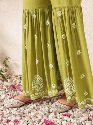 Hand embroidered liril green modal lucknowi chikankari garara set 7