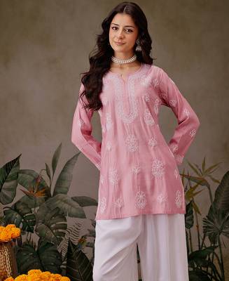 Hand embroidered dusty peach chanderi silk lucknowi chikankari short kurti 1