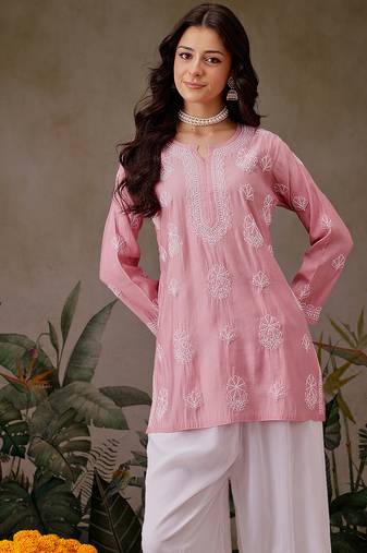 Hand embroidered dusty peach chanderi silk lucknowi chikankari short kurti
