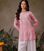 Hand embroidered dusty peach chanderi silk lucknowi chikankari short kurti