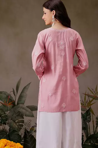 Hand embroidered dusty peach chanderi silk lucknowi chikankari short kurti