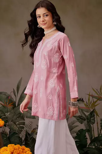 Hand embroidered dusty peach chanderi silk lucknowi chikankari short kurti