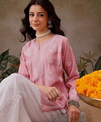 Hand embroidered dusty peach chanderi silk lucknowi chikankari short kurti 4