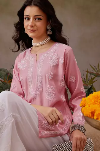 Hand embroidered dusty peach chanderi silk lucknowi chikankari short kurti