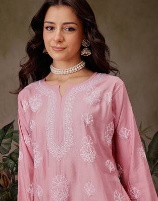 Hand embroidered dusty peach chanderi silk lucknowi chikankari short kurti 5