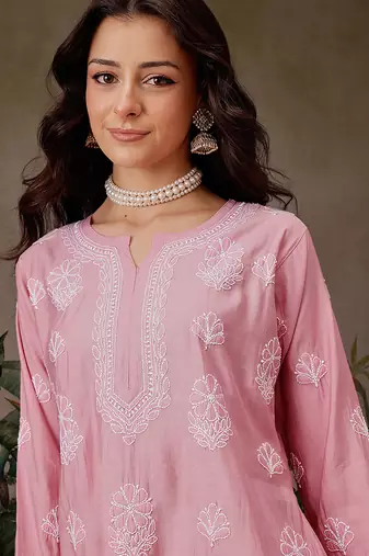 Hand embroidered dusty peach chanderi silk lucknowi chikankari short kurti