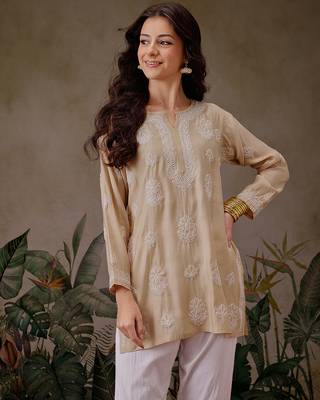 Hand embroidered fawn chanderi silk lucknowi chikankari short kurti 1