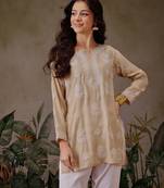Hand embroidered fawn chanderi silk lucknowi chikankari short kurti