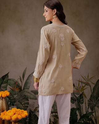 Hand embroidered fawn chanderi silk lucknowi chikankari short kurti 2