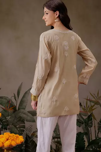 Hand embroidered fawn chanderi silk lucknowi chikankari short kurti