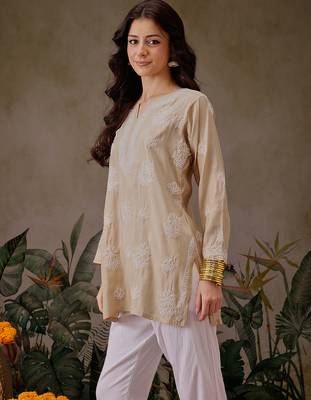 Hand embroidered fawn chanderi silk lucknowi chikankari short kurti 3