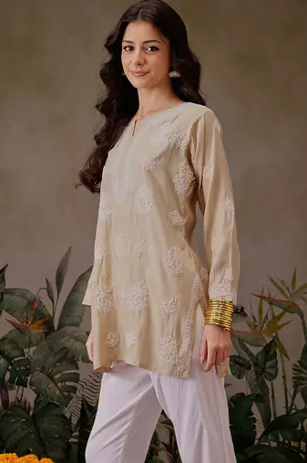 Hand embroidered fawn chanderi silk lucknowi chikankari short kurti