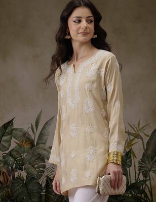 Hand embroidered fawn chanderi silk lucknowi chikankari short kurti 4