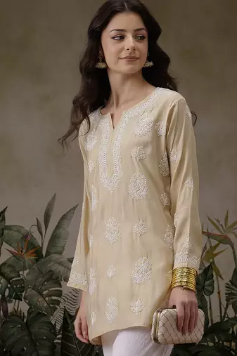 Hand embroidered fawn chanderi silk lucknowi chikankari short kurti