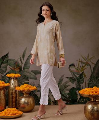 Hand embroidered fawn chanderi silk lucknowi chikankari short kurti 5