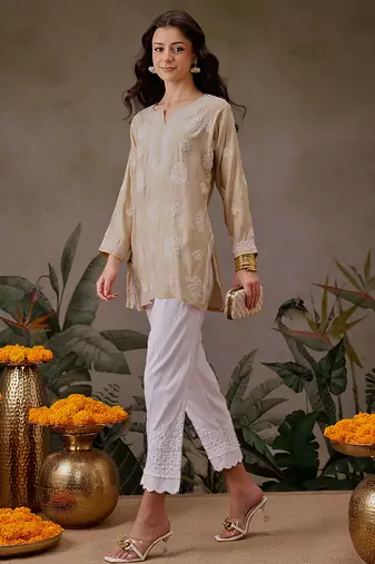 Hand embroidered fawn chanderi silk lucknowi chikankari short kurti